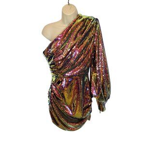 ALEX PERRY Jackson One-sleeve Sequined Satin Mini Dress In Pink NWOT - Size 6 US